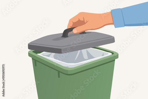 Hand opening a waste bin, disposing of garbage and keeping the environment clean