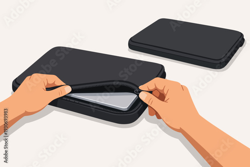 Hands zipping up a laptop sleeve protecting a portable electronic device