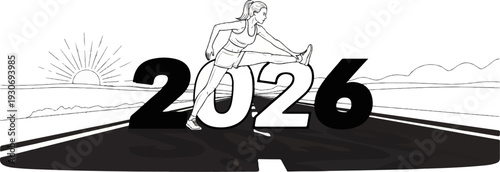 Woman stretching on the road next to the numbers 2026 with a sunrise