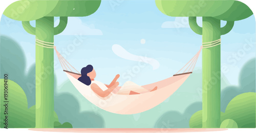 Woman relaxing in a hammock suspended between trees under a blue sky
