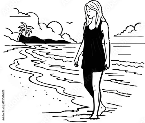 Woman walking on a beach with waves and a palm tree in the background