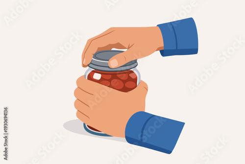 Hands opening a glass jar of red jam or preserves by twisting the lid