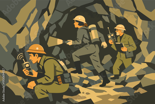 Miners exploring an underground cave using flashlight and radio communication