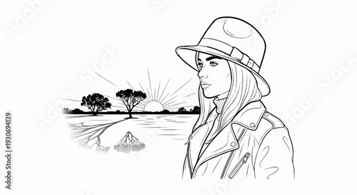 Woman wearing hat and jacket looking at a sunrise landscape with trees