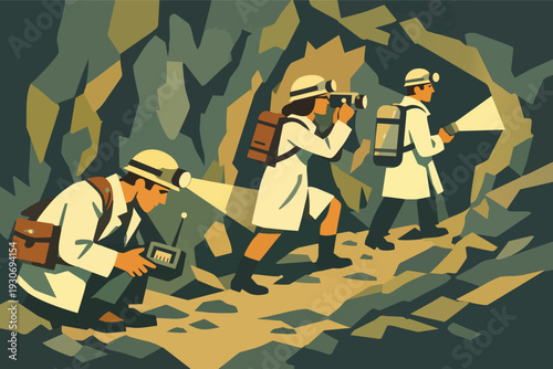 Geologists exploring dark cave for scientific rock formation discovery