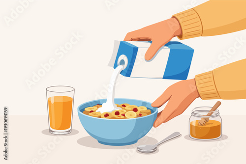 Hands pouring milk into a bowl of cereal, preparing a healthy morning breakfast