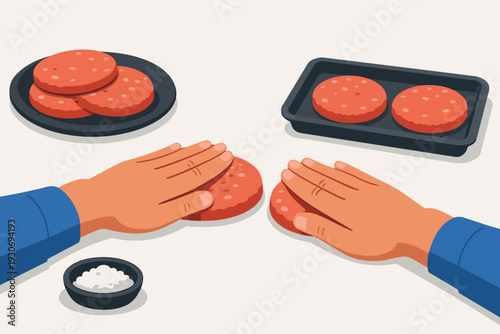 Hands forming raw beef patties on a white kitchen table, preparing burgers