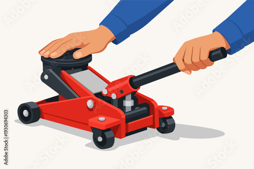 Mechanic using a red hydraulic floor jack for car repair and maintenance