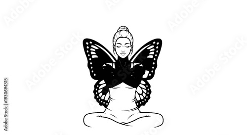 Woman with butterfly wings meditates in a serene, outlined pose