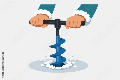 Person drilling ice hole for fishing, preparing for winter outdoor hobby