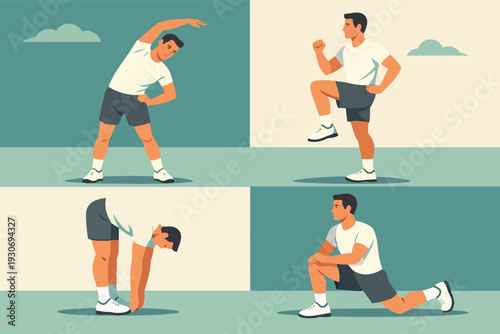 Man exercising and stretching, performing various warm up routines for fitness