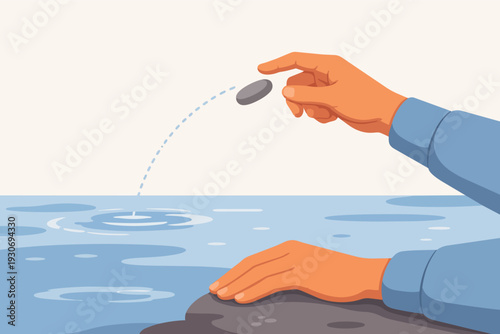 Human hand skipping flat stone on water, creating ripples and impact effect