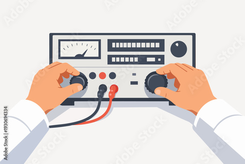 Engineer adjusting controls on electronic test equipment, performing measurement