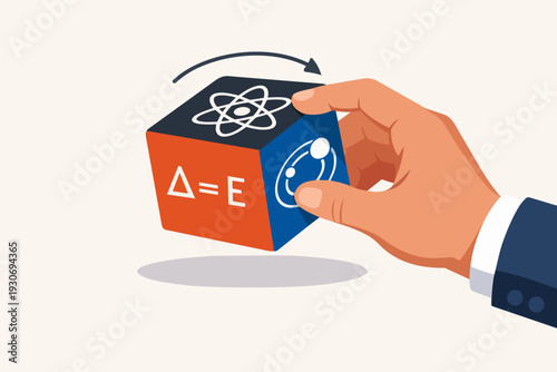Hand rotating science concept cube with atom, energy formula, and solar system symbols