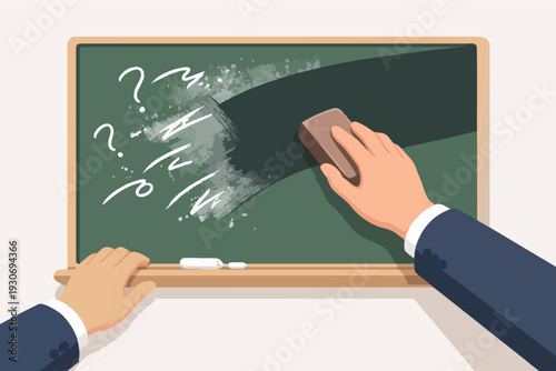 Hand erasing question marks and problems from a chalkboard, starting fresh