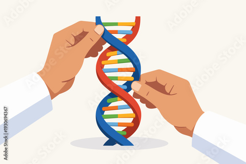 Hands in lab coats carefully holding and interacting with a colorful dna strand
