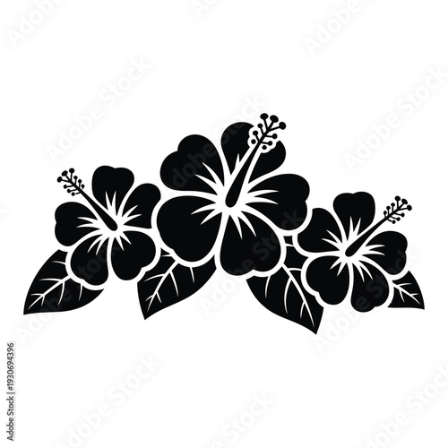 Black and white illustration of hibiscus flowers with leaves arranged together