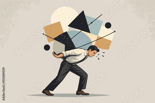 Businessman carrying abstract shapes representing heavy burden and overwhelming responsibility