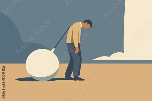 Business man burdened by heavy debt ball feeling stress and financial pressure