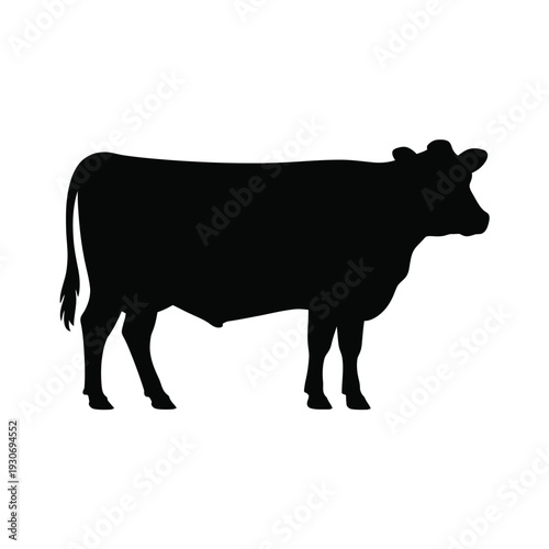 A black silhouette of a cow standing in profile against a white background