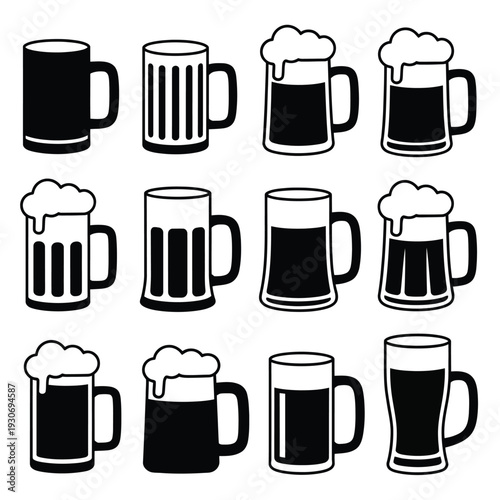 Black and white illustrations of various beer mugs and glasses