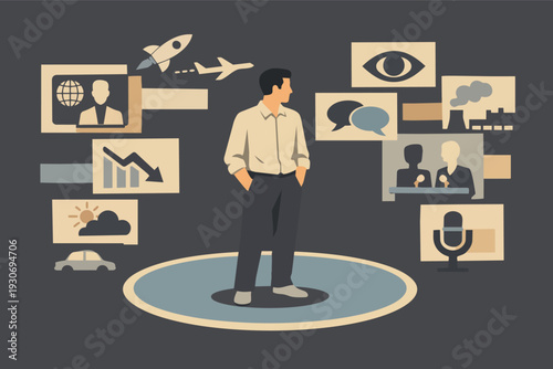 Person observing various news and information sources surrounding them