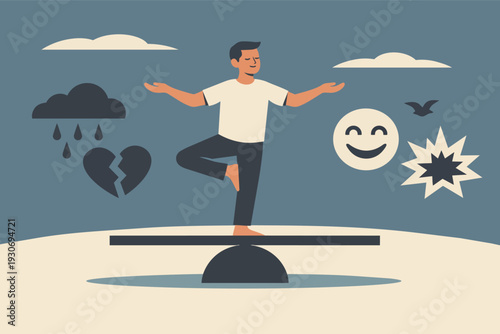 Person balancing on a seesaw, managing emotional states and mental health
