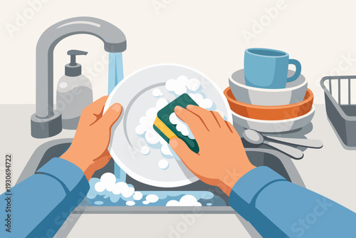 Hands washing a plate with a sponge at kitchen sink, doing housework chores