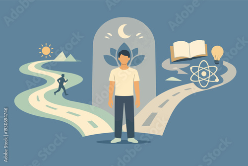 Person choosing between healthy lifestyle and intellectual pursuit with balance concept
