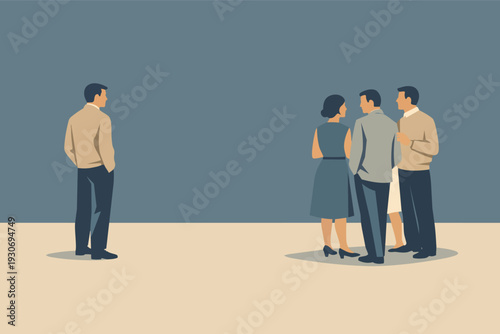Man feeling excluded standing apart from a socializing group of people