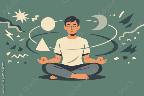 Person meditating, finding inner peace and balancing chaotic thoughts around