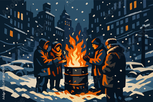 People warming hands at barrel fire in snowy city street, night urban scene