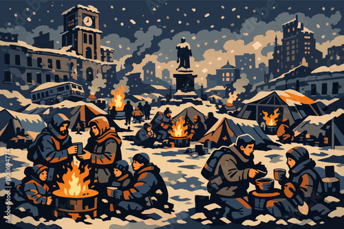 People surviving winter in a snowy city camp, finding warmth and community