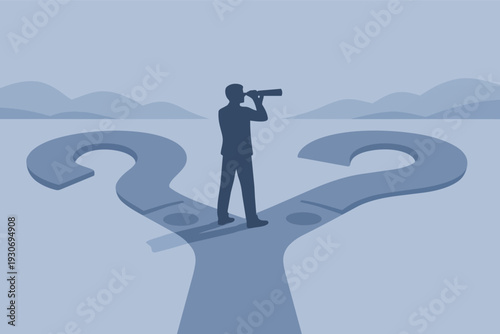 Businessman looking through telescope choosing future path at question mark fork