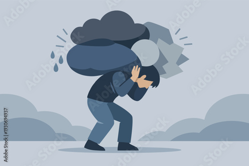 Person feeling overwhelmed carrying heavy burden, stress, and anxiety in daily life