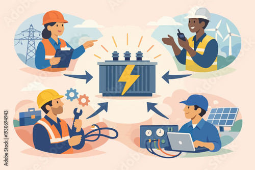 Electrical engineers connecting with a power transformer overseeing energy grid operation