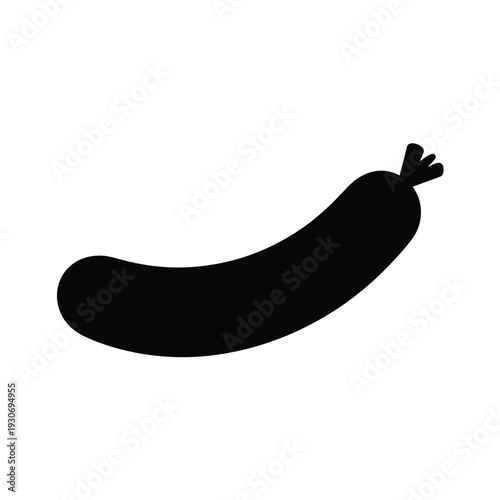 A simple black silhouette of a single cooked sausage on a white background