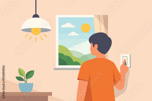 Man switching off light, embracing energy efficiency and sustainability at home