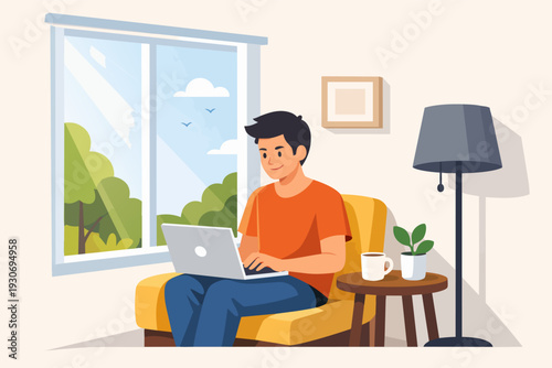 Man typing on laptop in armchair, working from home with coffee and window view
