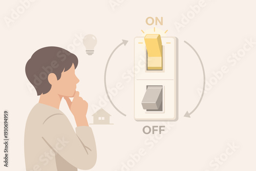 Man thinking about switching concept, turning on and off light bulb idea