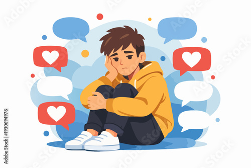 Teenager feeling lonely with social media messages, online anxiety and cyberbullying