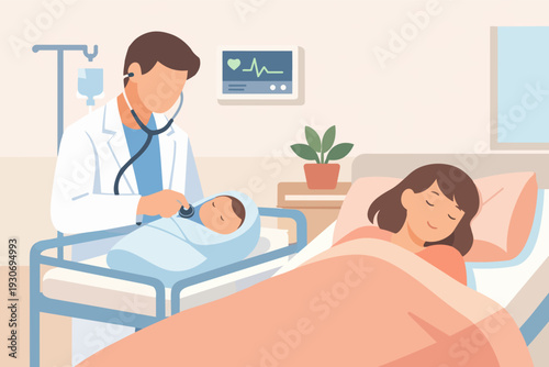 Doctor examining newborn baby in hospital nursery with mother recovering