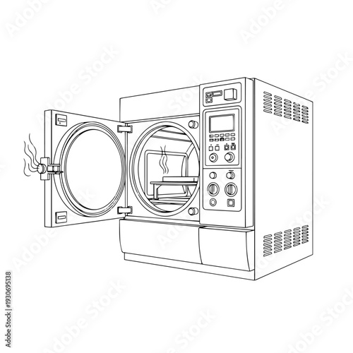 Autoclave Black and White Vector Icon Laboratory Sterilization Equipment Line Art Illustration for Medical and Research Facility Use