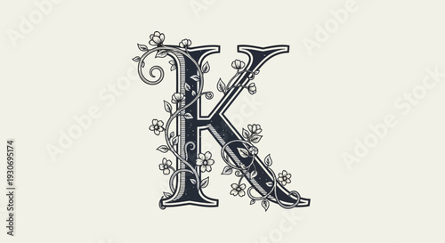 Ornate black letter K with floral decorations on a white background.
