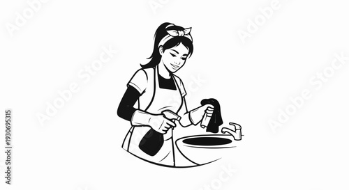 Woman with cleaning spray and cloth wiping sink