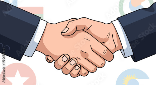 Close-up of two hands shaking in a business handshake with suit sleeves and colorful abstract shapes in the background.