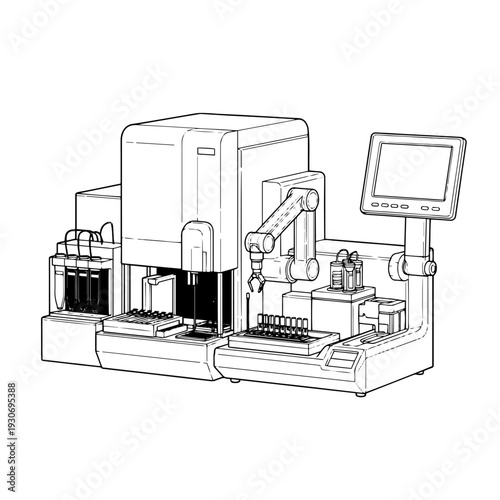 Biochemistry Analyzer Black and White Vector Icon Clinical Chemistry Laboratory Machine Line Art Illustration for Medical Diagnostics Research and Pathology Testing Use