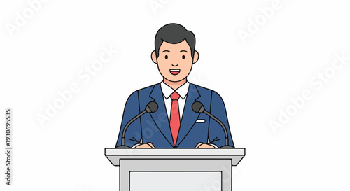 A cartoon businessman in a blue suit and red tie stands at a podium with two microphones against a plain white background.