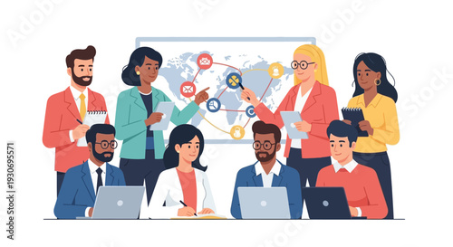 Diverse team collaborating on global project with digital devices