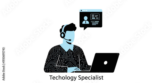 Technology specialist working on laptop with headset and chat window
